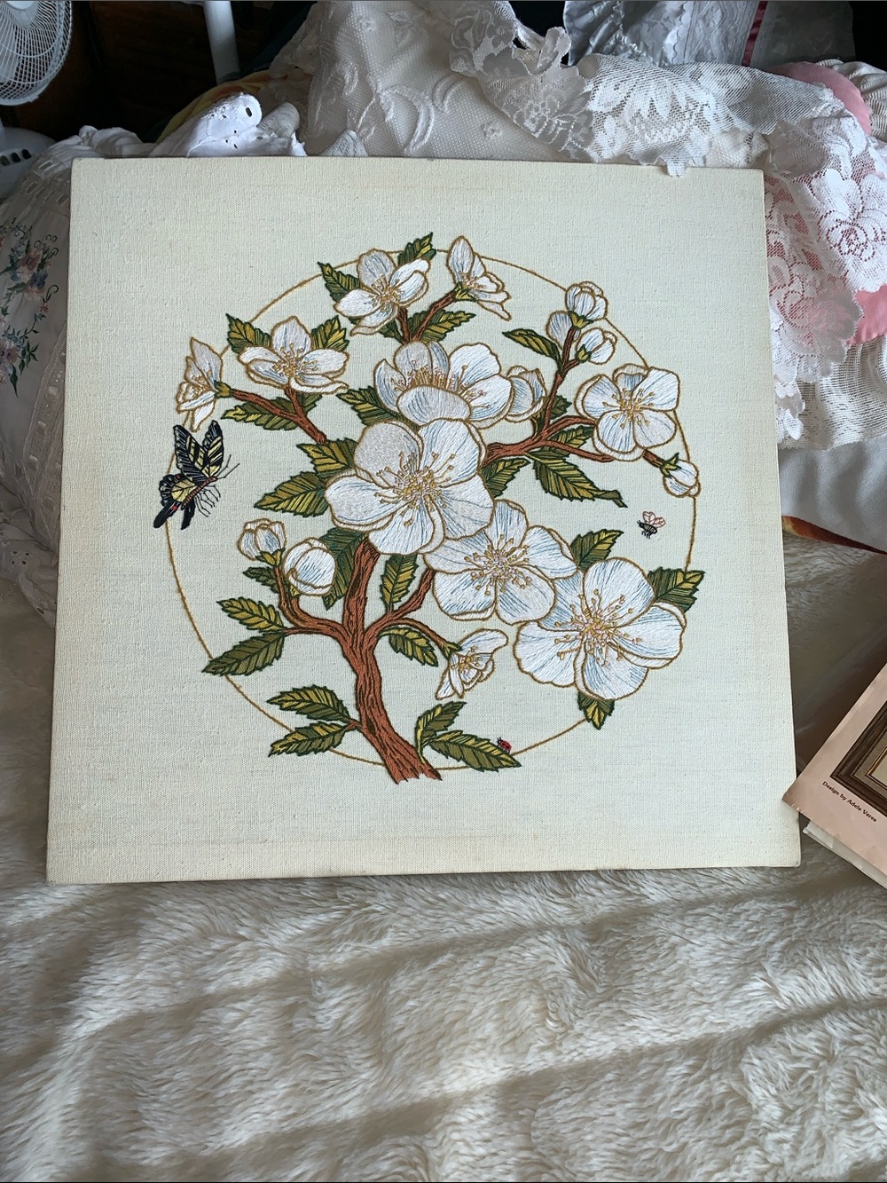 Vtg needlepoint apple tree blossoms 18inch square